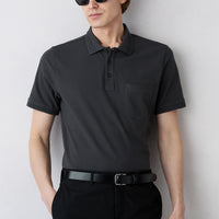 Dark Anthracite Non-Crease Polo Neck Regular Fit Pocketed Ribbed Detail Cotton T-Shirt