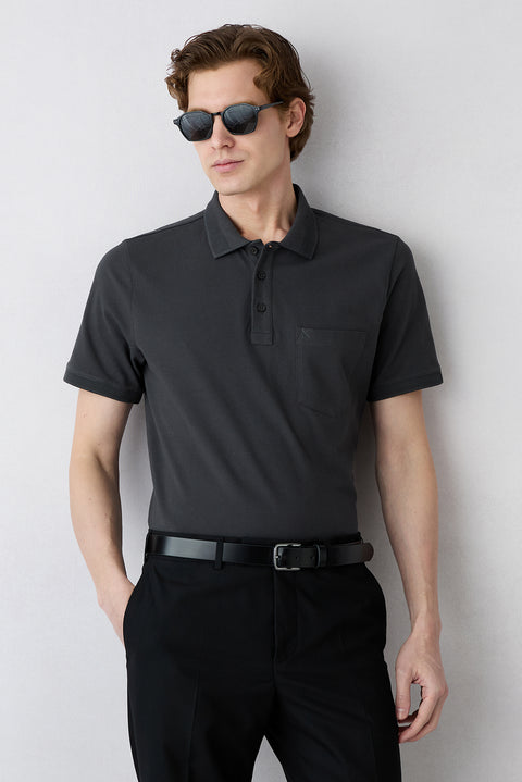 Dark Anthracite Non-Crease Polo Neck Regular Fit Pocketed Ribbed Detail Cotton T-Shirt