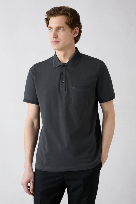 Dark Anthracite Non-Crease Polo Neck Regular Fit Pocketed Ribbed Detail Cotton T-Shirt