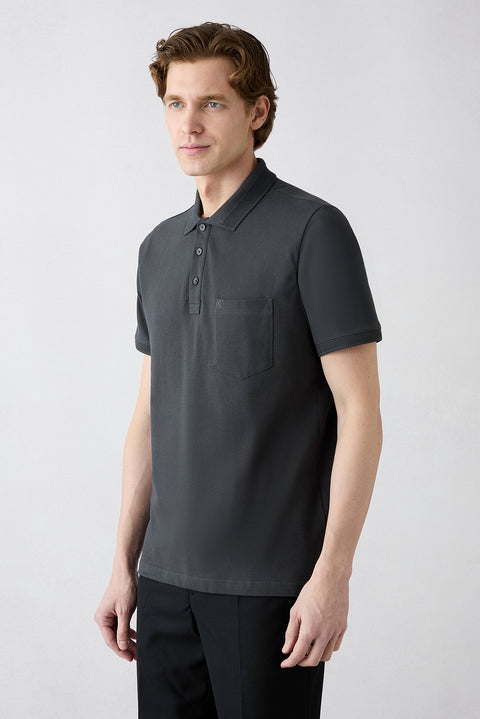 Dark Anthracite Non-Crease Polo Neck Regular Fit Pocketed Ribbed Detail Cotton T-Shirt