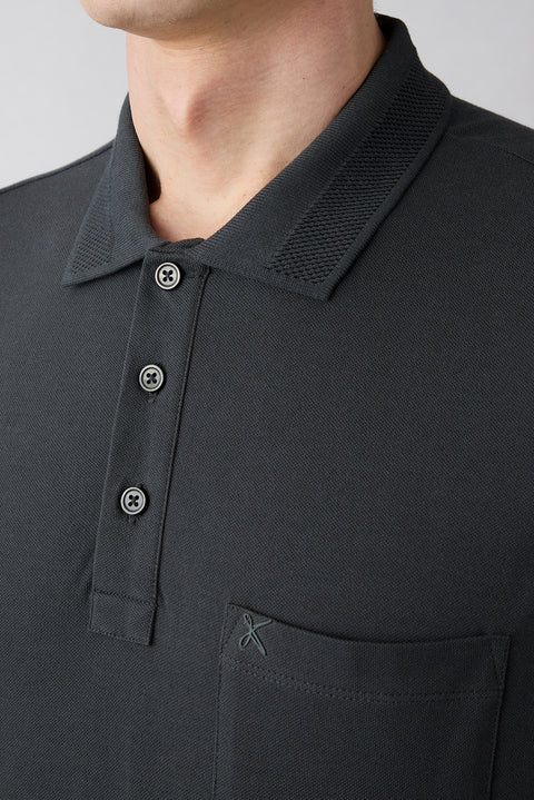 Dark Anthracite Non-Crease Polo Neck Regular Fit Pocketed Ribbed Detail Cotton T-Shirt