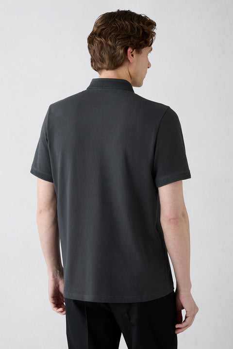 Dark Anthracite Non-Crease Polo Neck Regular Fit Pocketed Ribbed Detail Cotton T-Shirt