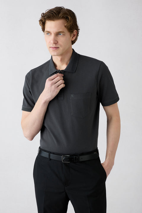 Dark Anthracite Non-Crease Polo Neck Regular Fit Pocketed Ribbed Detail Cotton T-Shirt