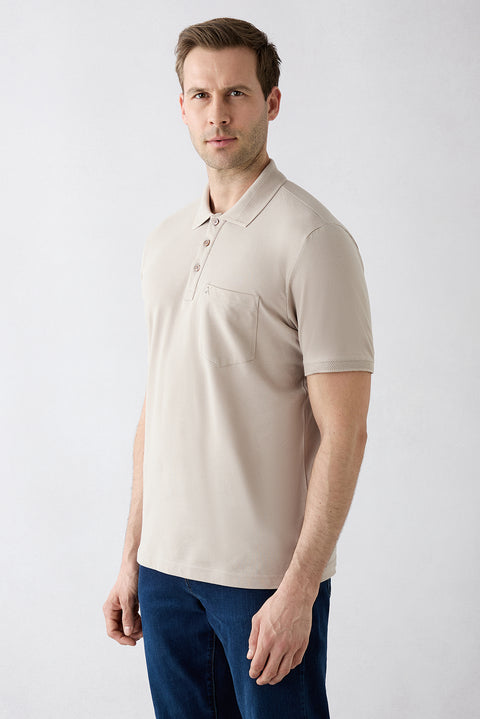 Medium Mink Non-Iron Polo Neck Regular Fit Pocketed Ribbed Cotton T-Shirt