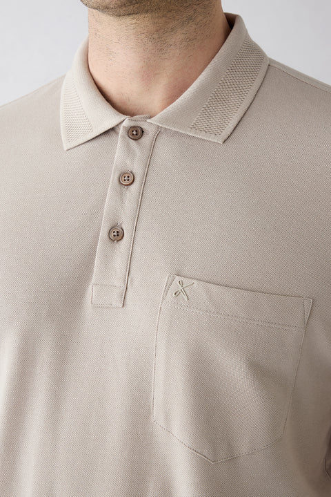 Medium Mink Non-Iron Polo Neck Regular Fit Pocketed Ribbed Cotton T-Shirt