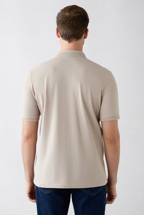Medium Mink Non-Iron Polo Neck Regular Fit Pocketed Ribbed Cotton T-Shirt
