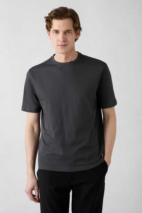 Dark Anthracite Crew Neck Regular Fit Cotton Basic T-Shirt