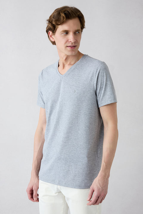 Light Grey Mélange V-Neck Slim Fit Supima Cotton Basic T-Shirt