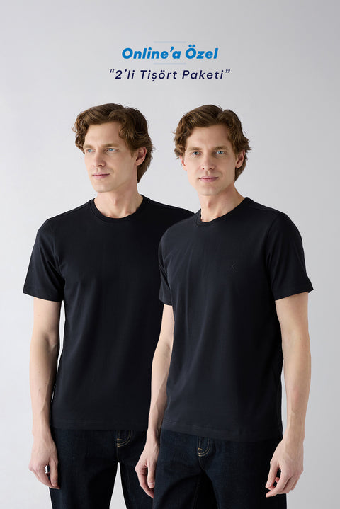 Black-Black Crew Neck Regular Fit 100% Cotton 2-Pack Basic T-Shirt Set