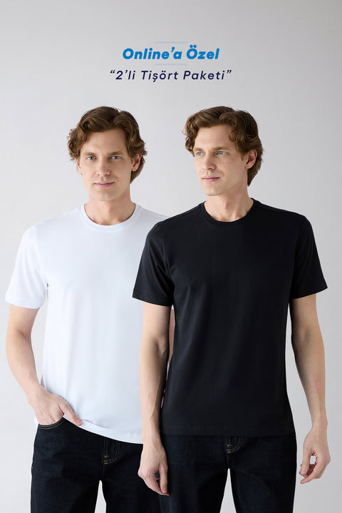 Black and White Crew Neck Regular Fit 100% Cotton 2-Pack Basic T-Shirt Set