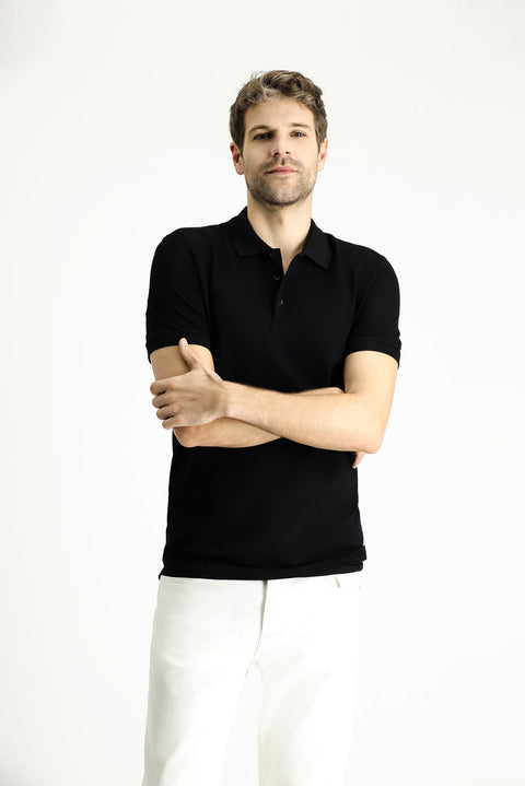 Black Slim Fit Embroidered Cotton Polo Shirt