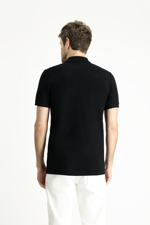 Black Slim Fit Embroidered Cotton Polo Shirt