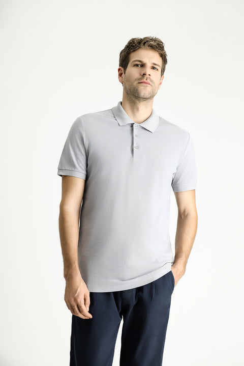 Medium Grey Slim Fit Embroidered Cotton Polo Shirt