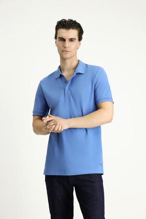 Havacı Mavi Slim Fit Dar Kesim Nakışlı Pamuk Polo Yaka Tişört