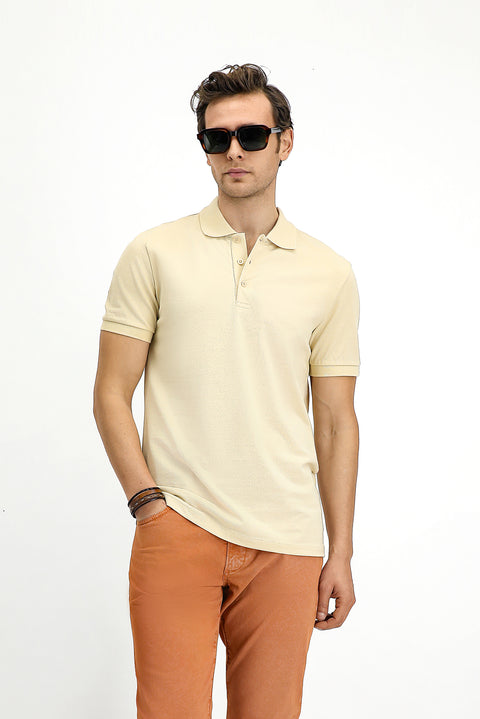 Light Beige Slim Fit Embroidered Cotton Polo Shirt