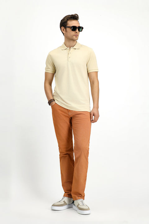 Light Beige Slim Fit Embroidered Cotton Polo Shirt