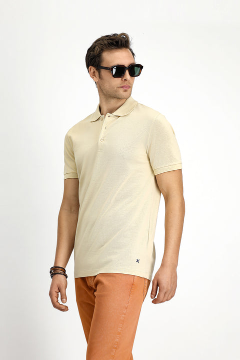 Light Beige Slim Fit Embroidered Cotton Polo Shirt