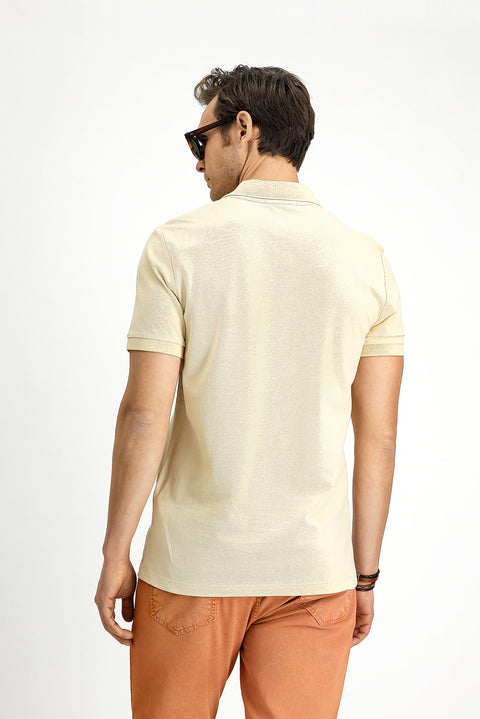 Light Beige Slim Fit Embroidered Cotton Polo Shirt