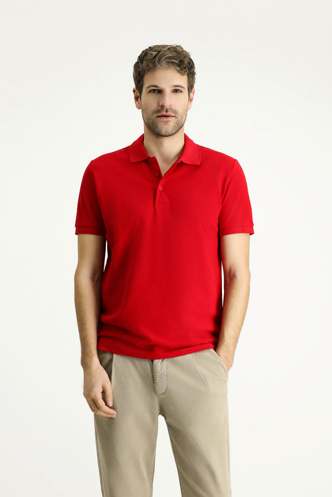 Light Red Slim Fit Embroidered Cotton Polo Shirt