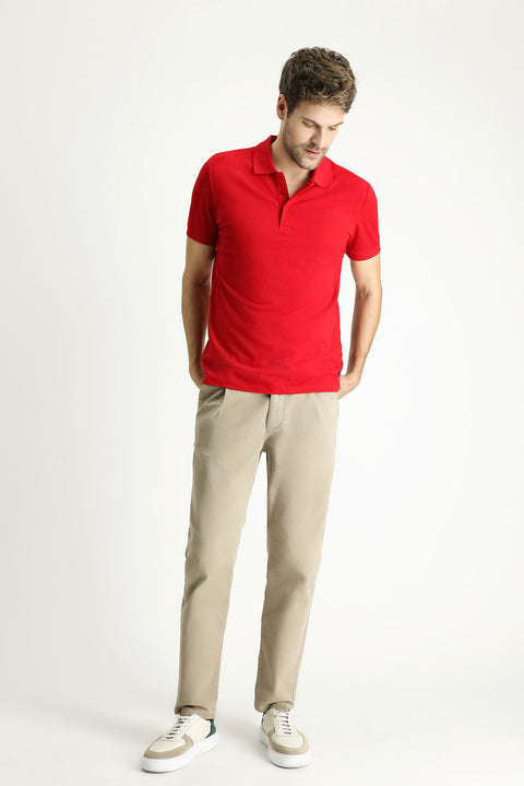 Light Red Slim Fit Embroidered Cotton Polo Shirt