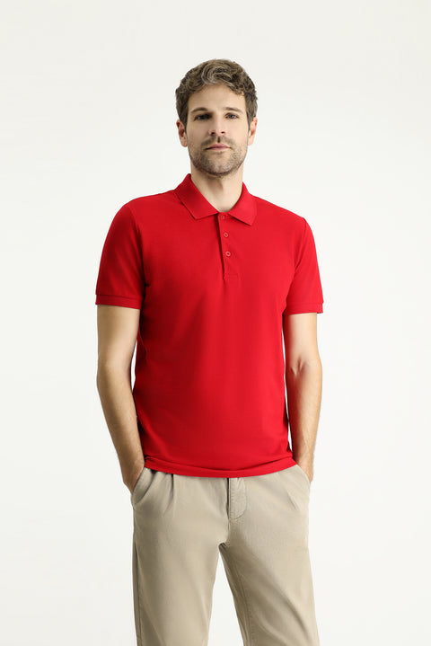 Light Red Slim Fit Embroidered Cotton Polo Shirt