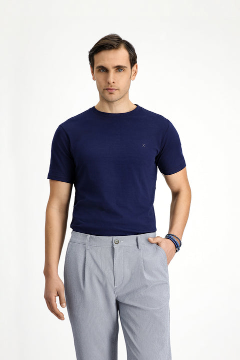 Dark Navy Crew Neck Slim Fit Narrow Cut Cotton T-Shirt