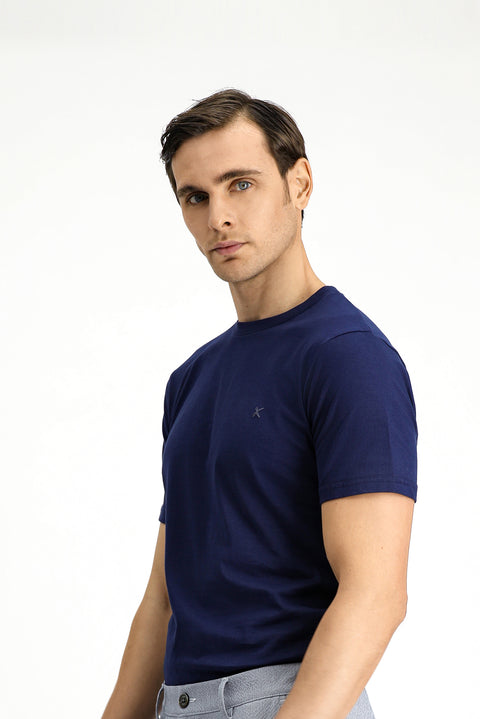Dark Navy Crew Neck Slim Fit Narrow Cut Cotton T-Shirt