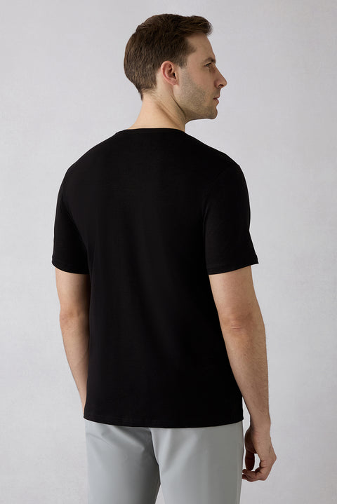 Siyah Bisiklet Yaka Slim Fit Yumuşak Dokulu Pamuklu Likralı Esnek Tişört