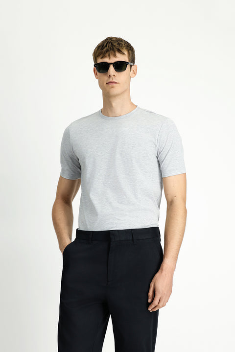 Light Grey Melange Crew Neck Slim Fit Soft Textured Cotton Lycra Stretch T-Shirt