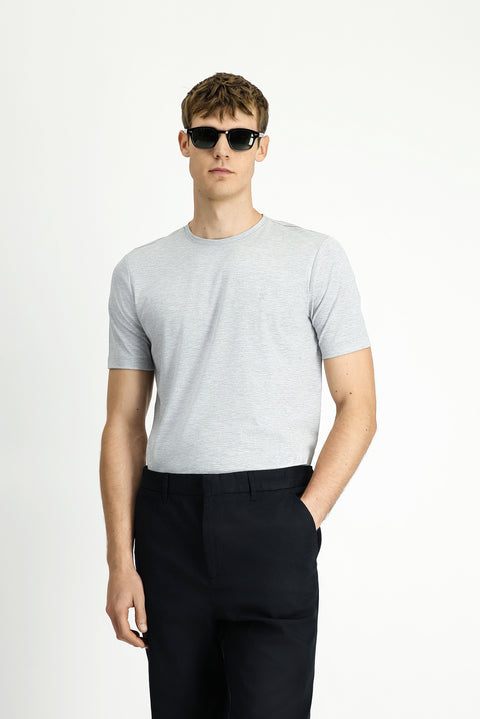 Light Grey Melange Crew Neck Slim Fit Soft Textured Cotton Lycra Stretch T-Shirt