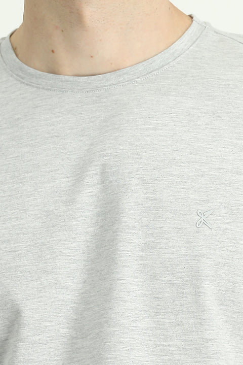 Light Grey Melange Crew Neck Slim Fit Soft Textured Cotton Lycra Stretch T-Shirt