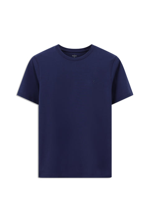 Medium Navy Crew Neck Slim Fit Soft Textured Cotton Lycra Stretch T-Shirt