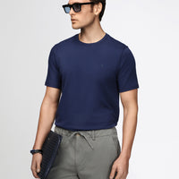 Medium Navy Crew Neck Slim Fit Soft Textured Cotton Lycra Stretch T-Shirt