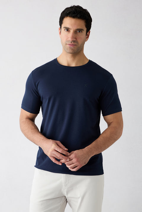 Dark Navy Crew Neck Slim Fit Soft Textured Cotton Lycra Stretch T-Shirt
