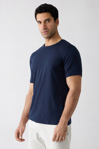  Koyu Lacivert Bisiklet Yaka Slim Fit Yumuşak Dokulu Pamuklu Likralı Esnek Tişört