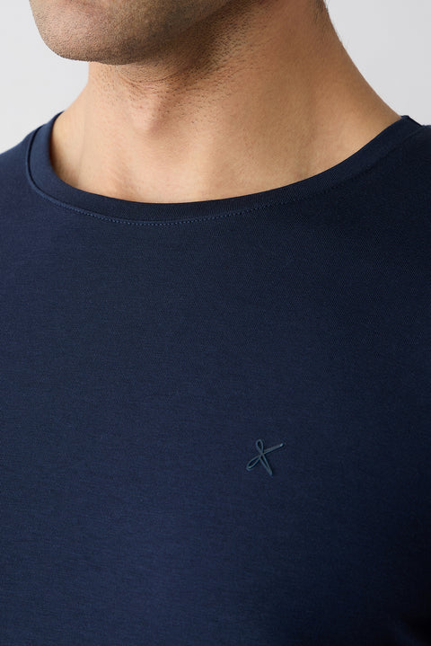 Dark Navy Crew Neck Slim Fit Soft Textured Cotton Lycra Stretch T-Shirt