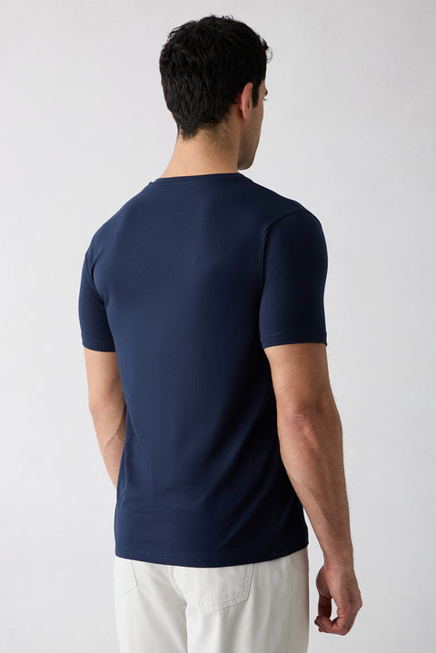 Dark Navy Crew Neck Slim Fit Soft Textured Cotton Lycra Stretch T-Shirt