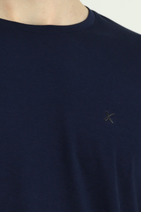 Dark Navy Crew Neck Slim Fit Soft Textured Cotton Lycra Stretch T-Shirt