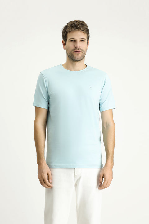 Light Blue Crew Neck Slim Fit Soft Textured Cotton Lycra Stretch T-Shirt