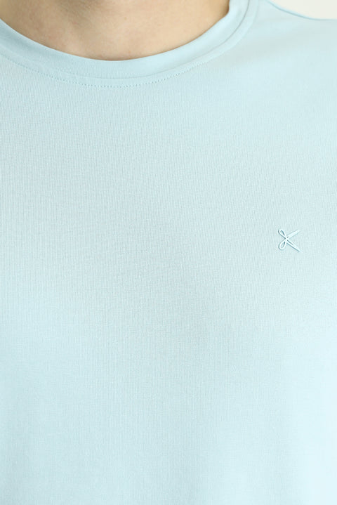 Light Blue Crew Neck Slim Fit Soft Textured Cotton Lycra Stretch T-Shirt