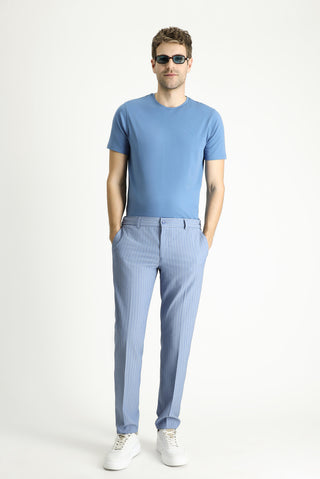  Havacı Mavi Bisiklet Yaka Slim Fit Yumuşak Dokulu Pamuklu Likralı Esnek Tişört