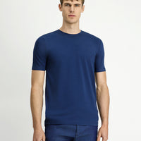Indigo Crew Neck Slim Fit Soft Textured Cotton Lycra Stretch T-Shirt
