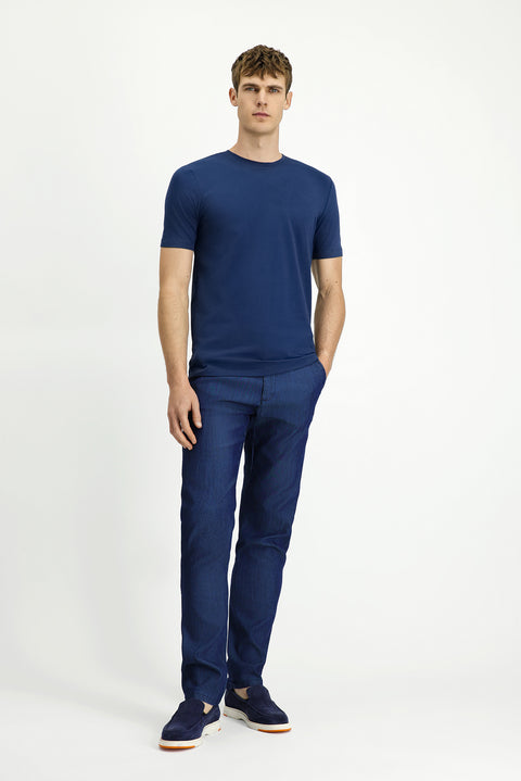 Indigo Crew Neck Slim Fit Soft Textured Cotton Lycra Stretch T-Shirt