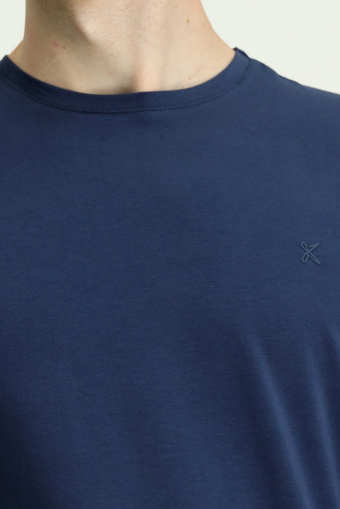 Indigo Crew Neck Slim Fit Soft Textured Cotton Lycra Stretch T-Shirt