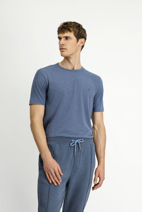 Indigo Melange Crew Neck Slim Fit Soft Textured Cotton Lycra Stretch T-Shirt