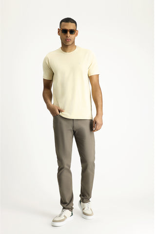  Açık Bej Bisiklet Yaka Slim Fit Yumuşak Dokulu Pamuklu Likralı Esnek Tişört