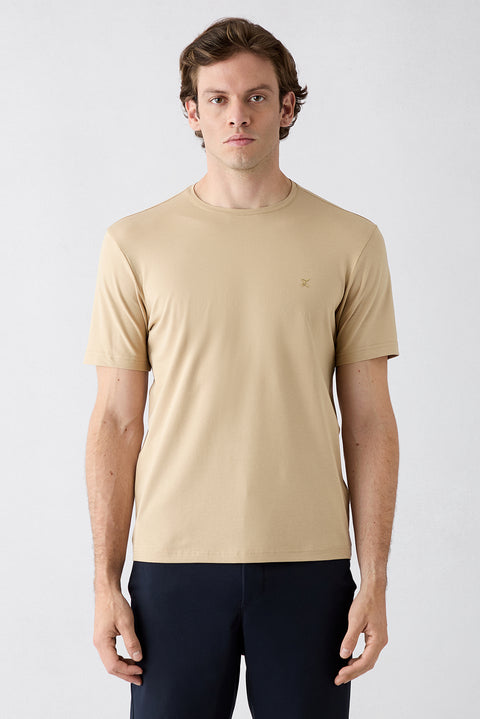 Medium Beige Crew Neck Slim Fit Soft Textured Cotton Lycra Stretch T-Shirt