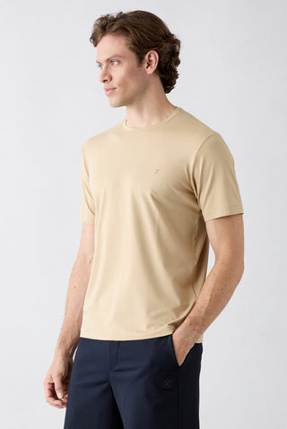  Orta Bej Bisiklet Yaka Slim Fit Yumuşak Dokulu Pamuklu Likralı Esnek Tişört