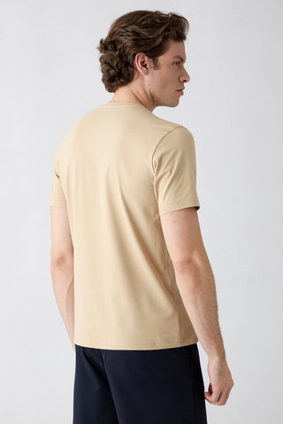  Orta Bej Bisiklet Yaka Slim Fit Yumuşak Dokulu Pamuklu Likralı Esnek Tişört