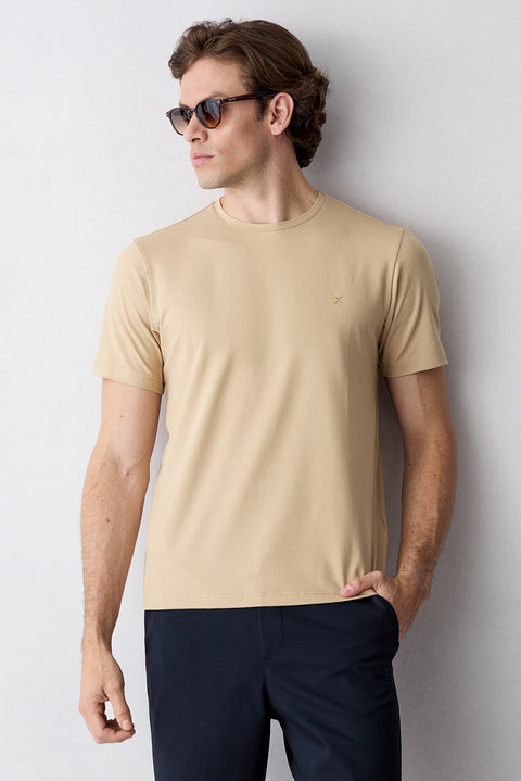 Medium Beige Crew Neck Slim Fit Soft Textured Cotton Lycra Stretch T-Shirt